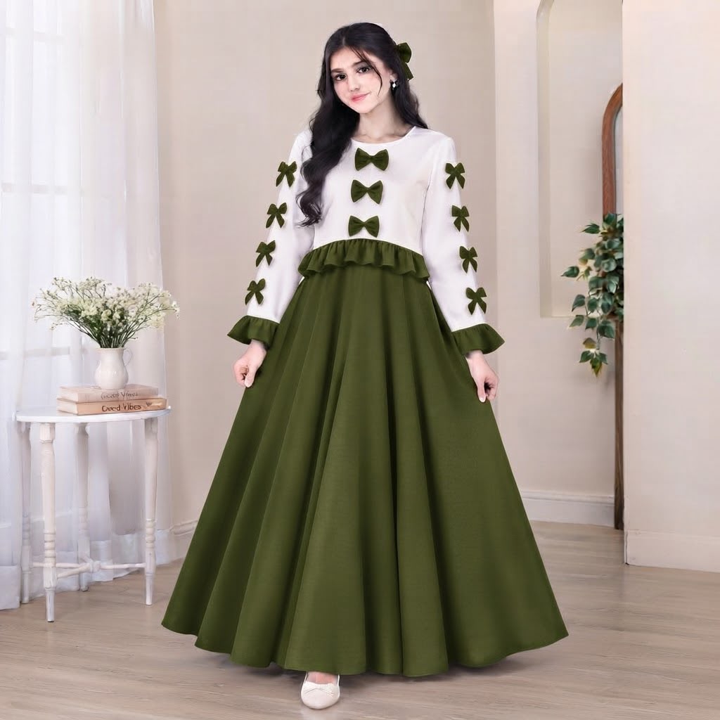 Korean Imported Wool Peach Bow Maxi Dress