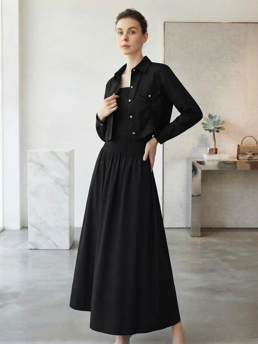 Premium Korean Imported Wool Peach 2PC Smocked Maxi Set - 60 | Cropped Shirt Style