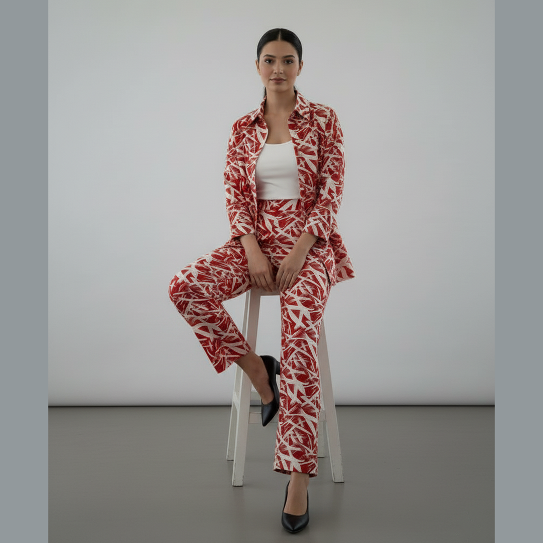 Red Abstract Print Khaddar Co-Ord Set TF-102