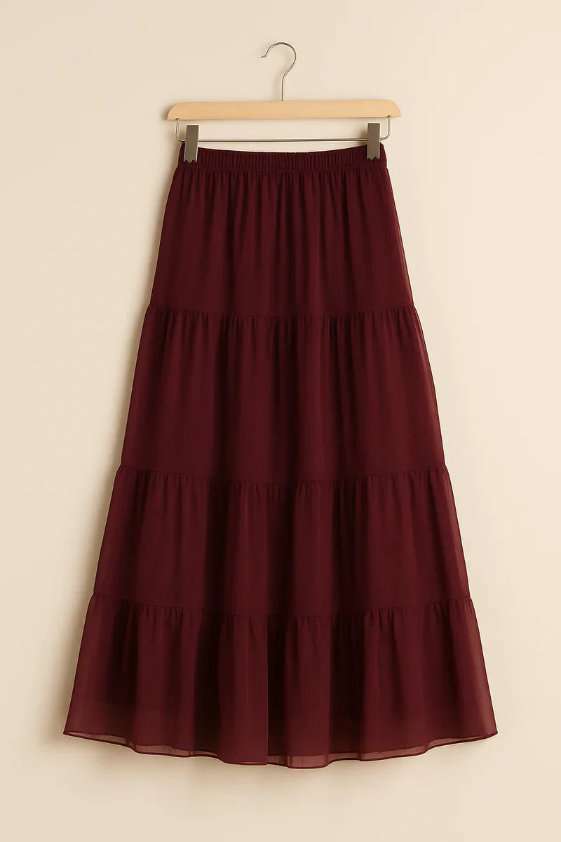Flowy Maroon Tiered Long Skirt