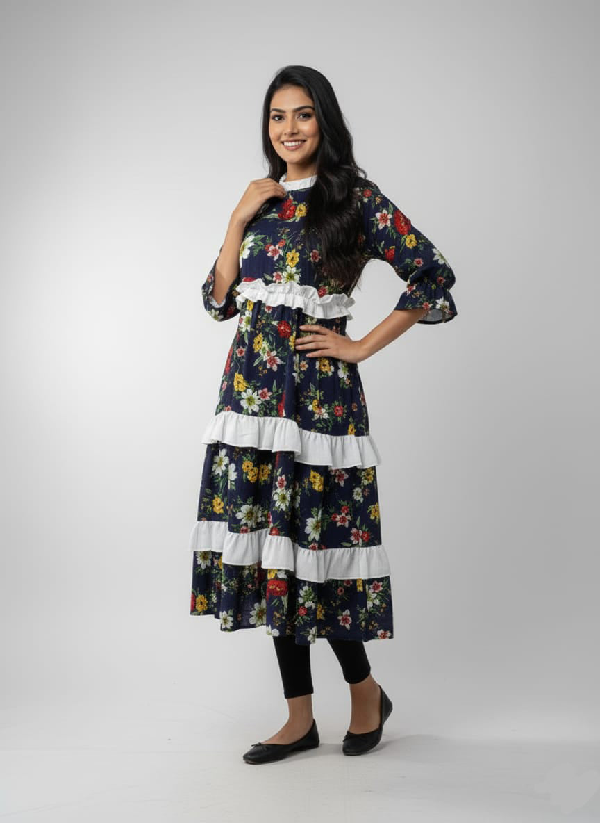 TRENDZ FASHION Elegant Floral Chiffon Ruffle Maxi Dress for Women
