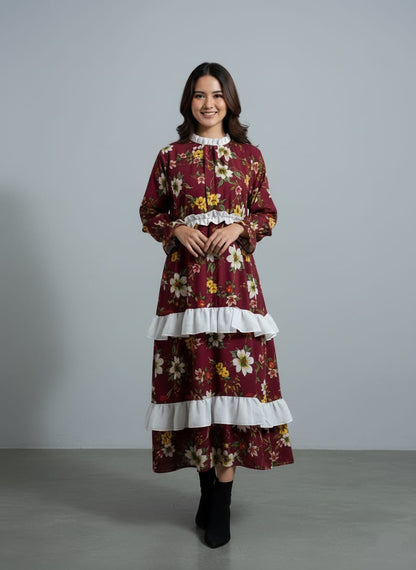 TRENDZ FASHION Elegant Floral Chiffon Ruffle Maxi Dress for Women