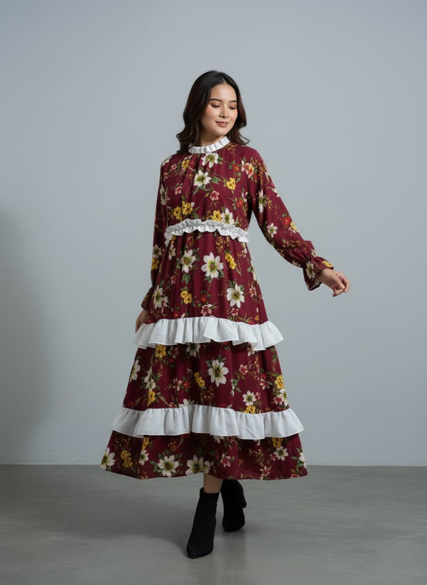 TRENDZ FASHION Elegant Floral Chiffon Ruffle Maxi Dress for Women