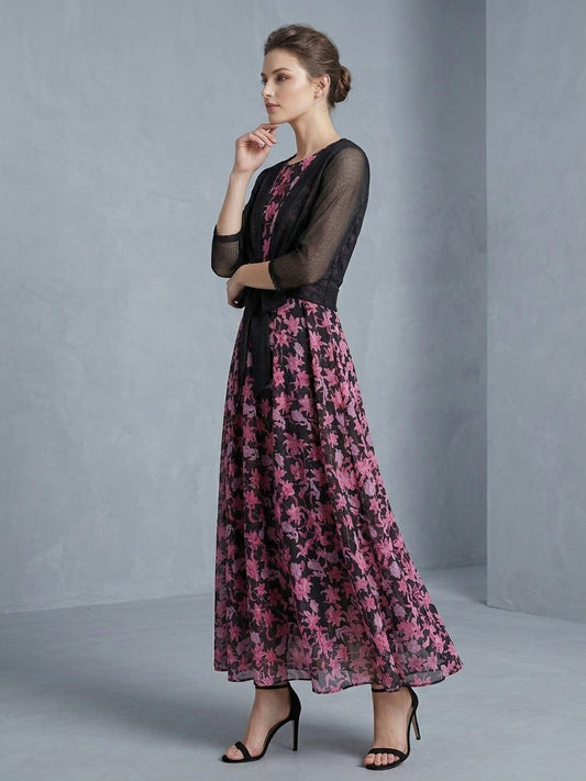 Premium Chiffon Floral Long Maxi with Front-Tie Jacket LF-40