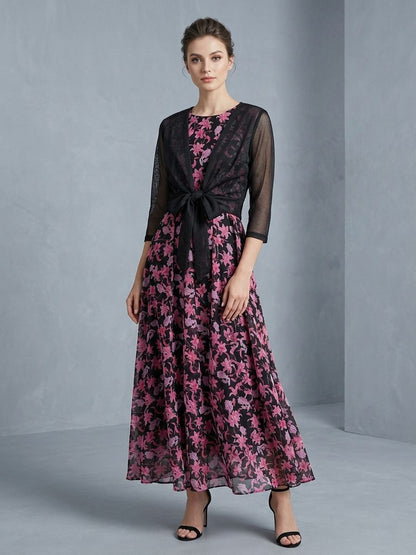 Premium Chiffon Floral Long Maxi with Front-Tie Jacket LF-40