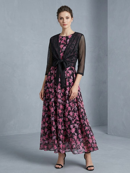 Premium Chiffon Floral Long Maxi with Front-Tie Jacket LF-40