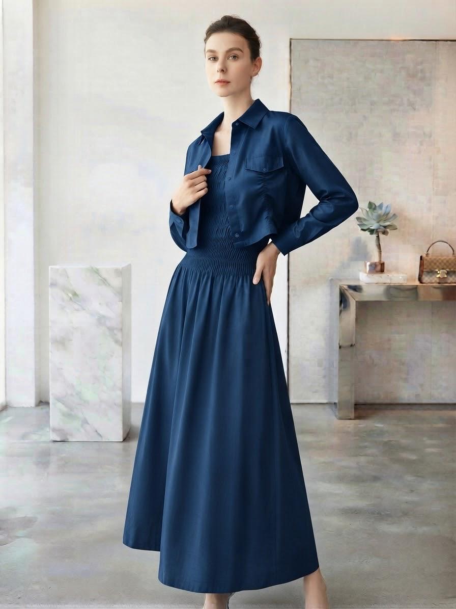 Premium Korean Imported Wool Peach 2PC Smocked Maxi Set - 60 | Cropped Shirt Style