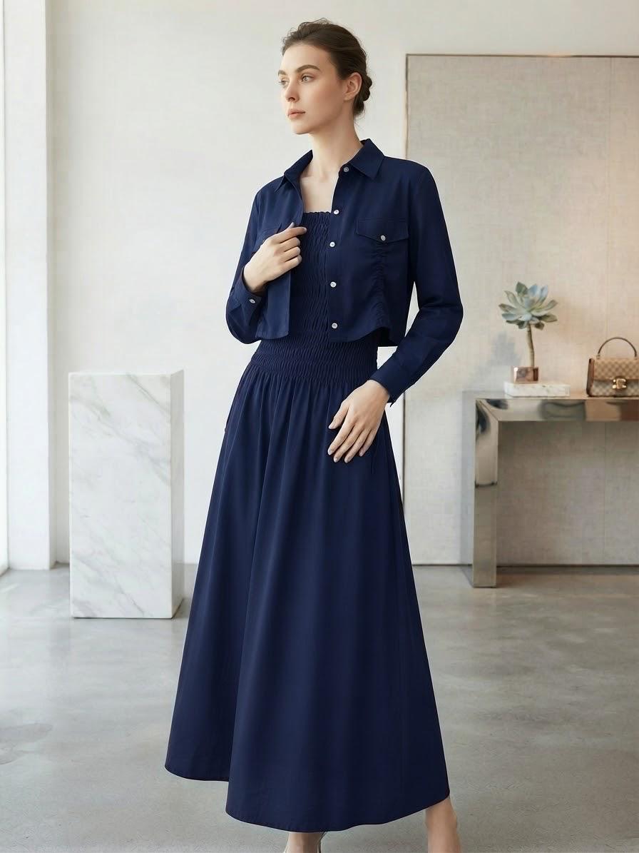 Premium Korean Imported Wool Peach 2PC Smocked Maxi Set - 60 | Cropped Shirt Style