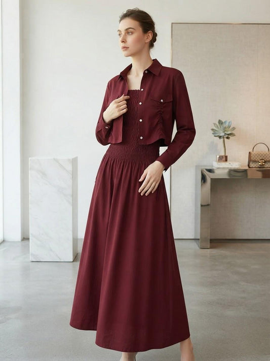 Premium Korean Imported Wool Peach 2PC Smocked Maxi Set - 60 | Cropped Shirt Style