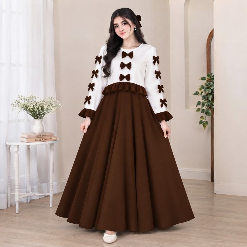 Korean Imported Wool Peach Bow Maxi Dress