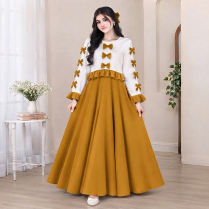 Korean Imported Wool Peach Bow Maxi Dress
