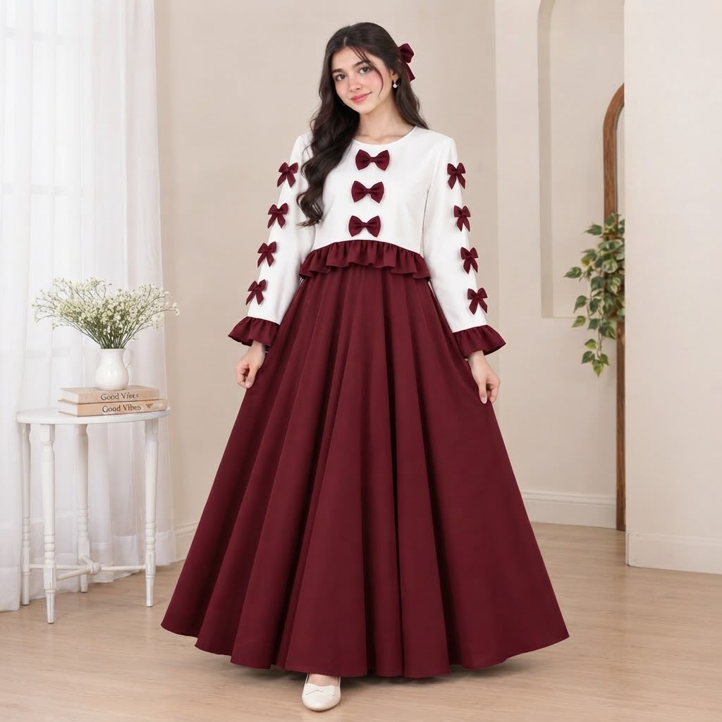 Korean Imported Wool Peach Bow Maxi Dress