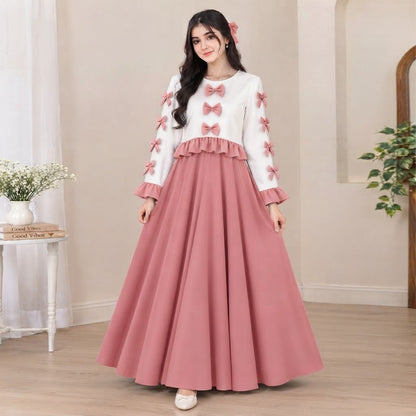 Korean Imported Wool Peach Bow Maxi Dress