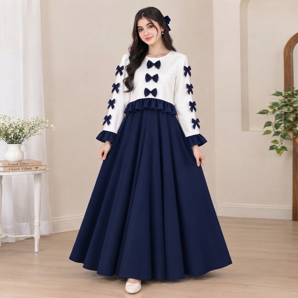 Korean Imported Wool Peach Bow Maxi Dress