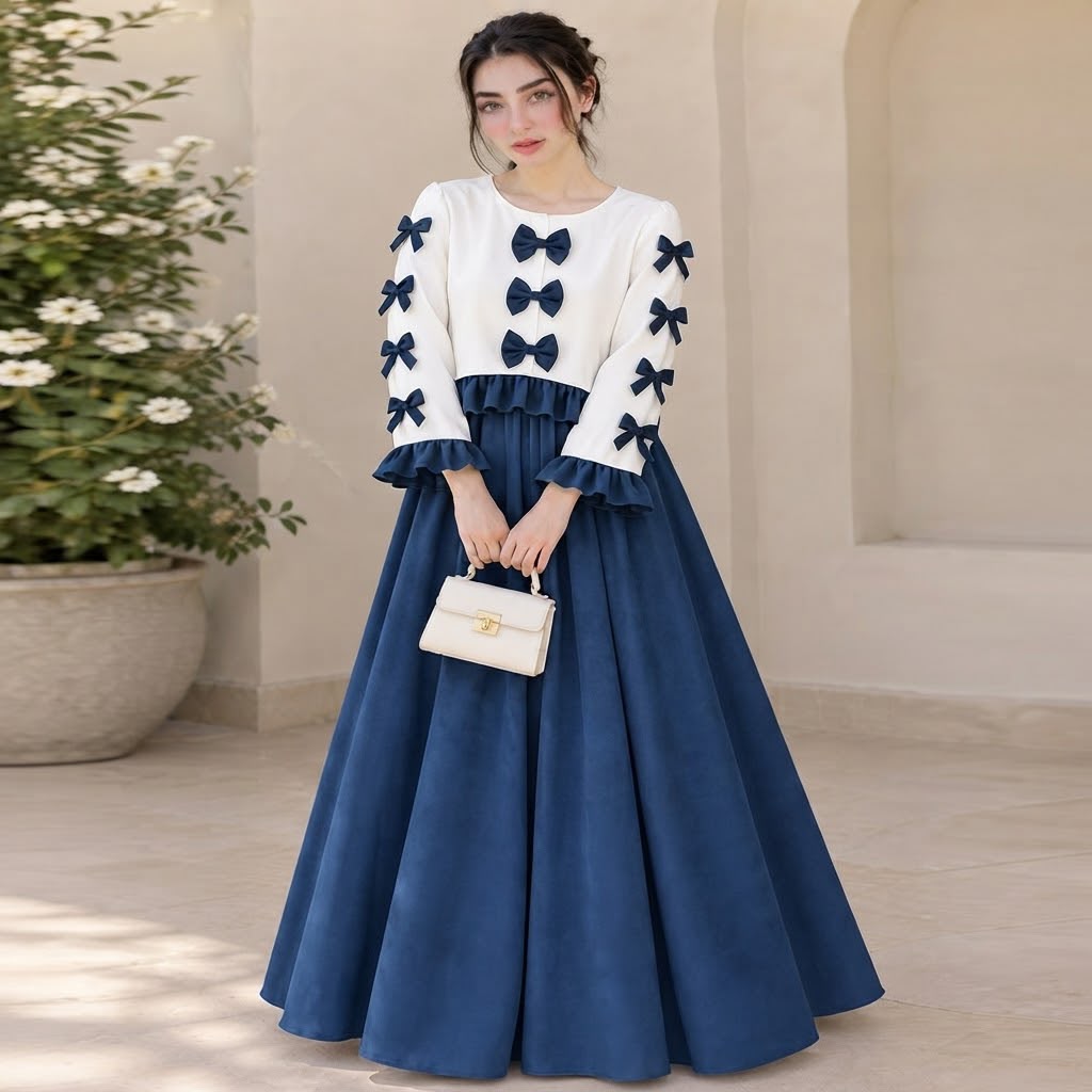 Korean Imported Wool Peach Bow Maxi Dress