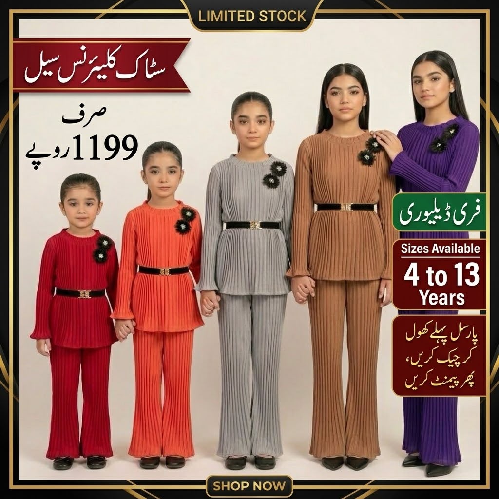 Girls’ Pleated 2-Piece Co-Ord Set with Pearl Buckle Belt