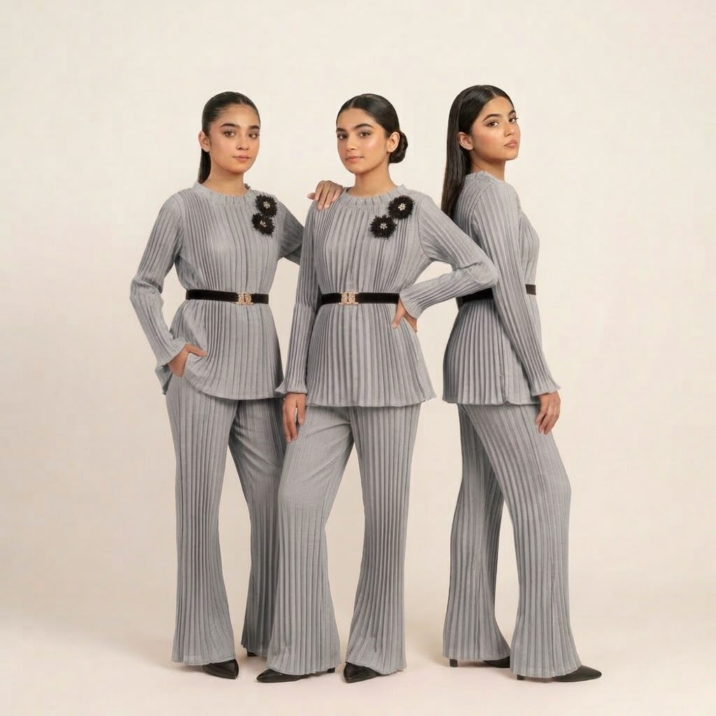 Girls’ Pleated 2-Piece Co-Ord Set with Pearl Buckle Belt