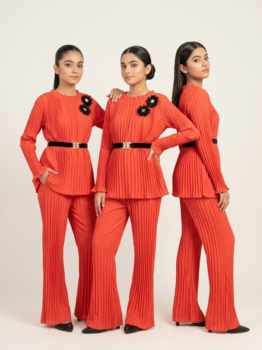 Girls’ Pleated 2-Piece Co-Ord Set with Pearl Buckle Belt