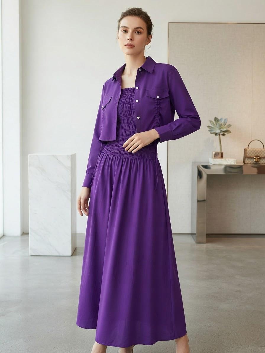 Premium Korean Imported Wool Peach 2PC Smocked Maxi Set - 60 | Cropped Shirt Style
