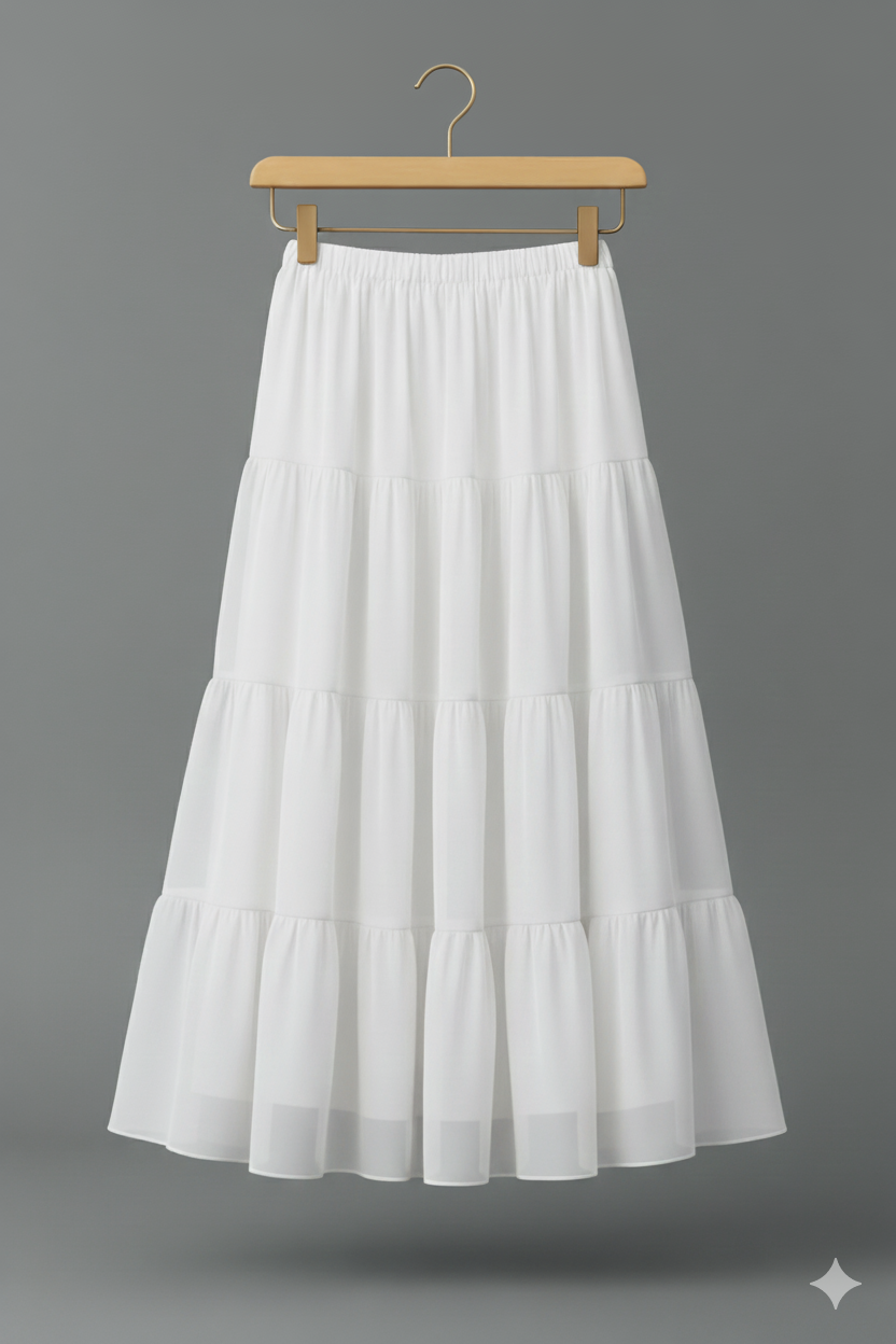 Flowy White Tiered Long Skirt